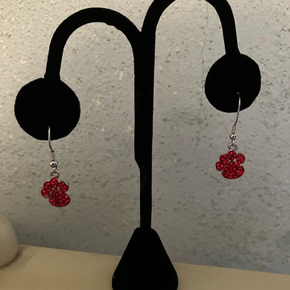 Red and Silver Crystal Dangle paw Earrings